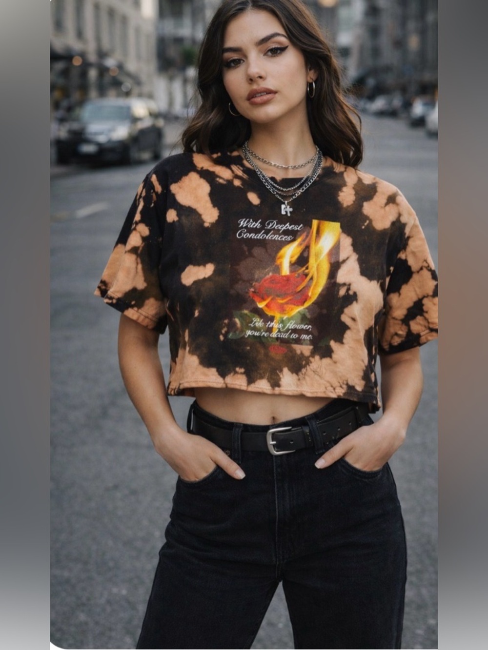 Petals & Peacocks 💔 Bleach Dye Graphic Crop Tee Medium Streetwear Grunge